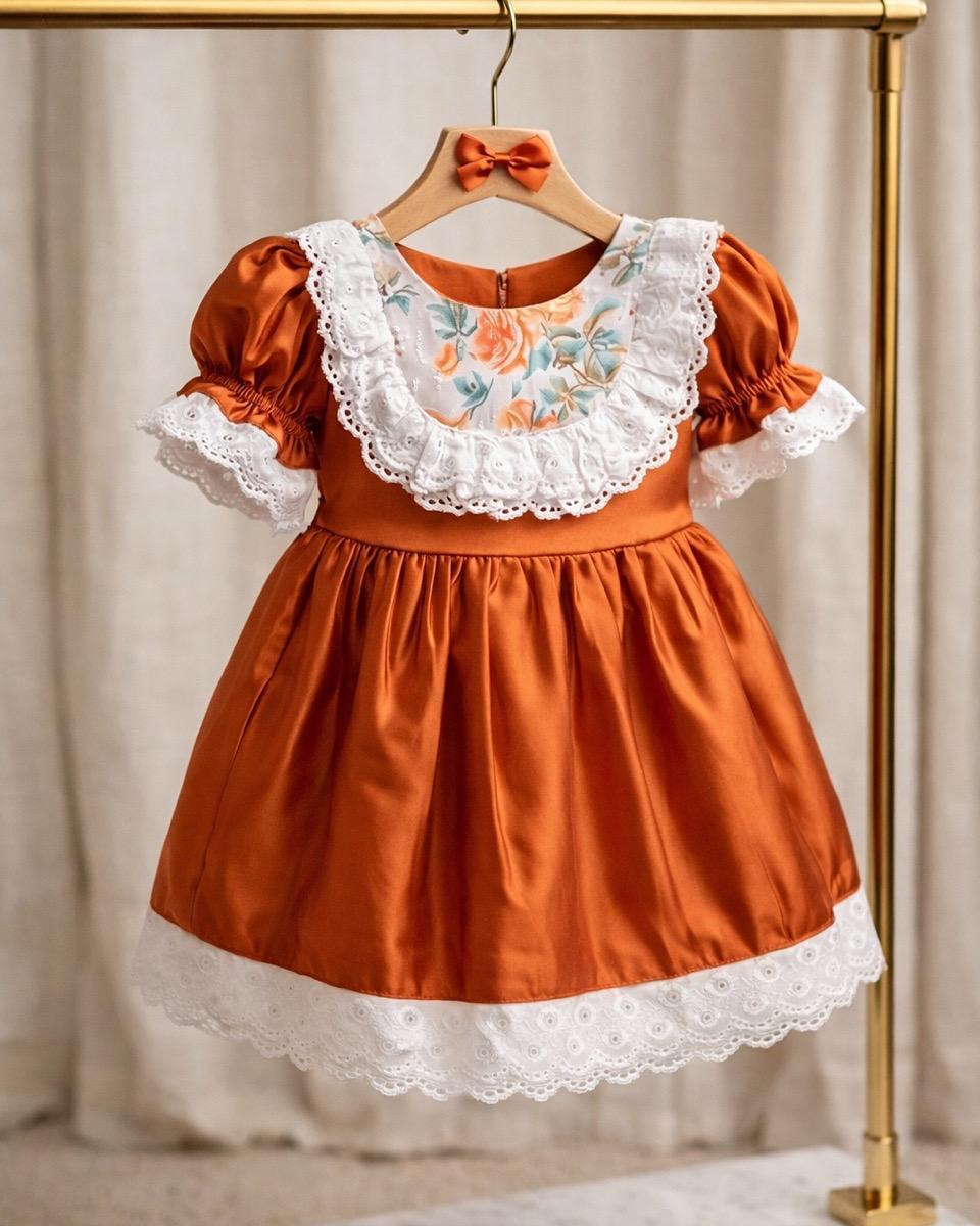Rust terracotta lace dress on golden rack